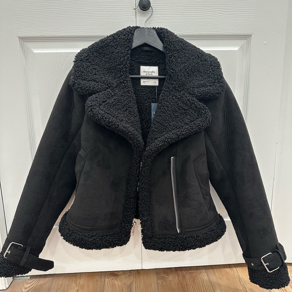 Abercrombie black Sherpa suede moto jacket NWT